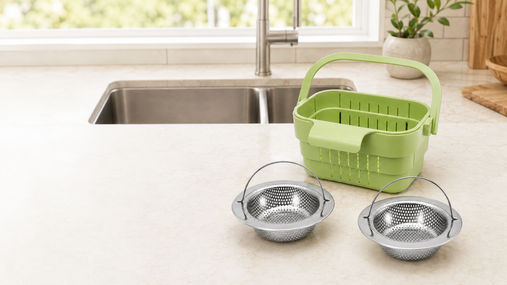 Three-piece kitchen sink protection kit on a cream countertop